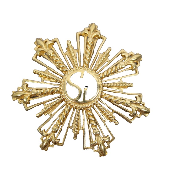 St John Black Enamel Goldtone Filigree Starburst Logo 2.5 Pin