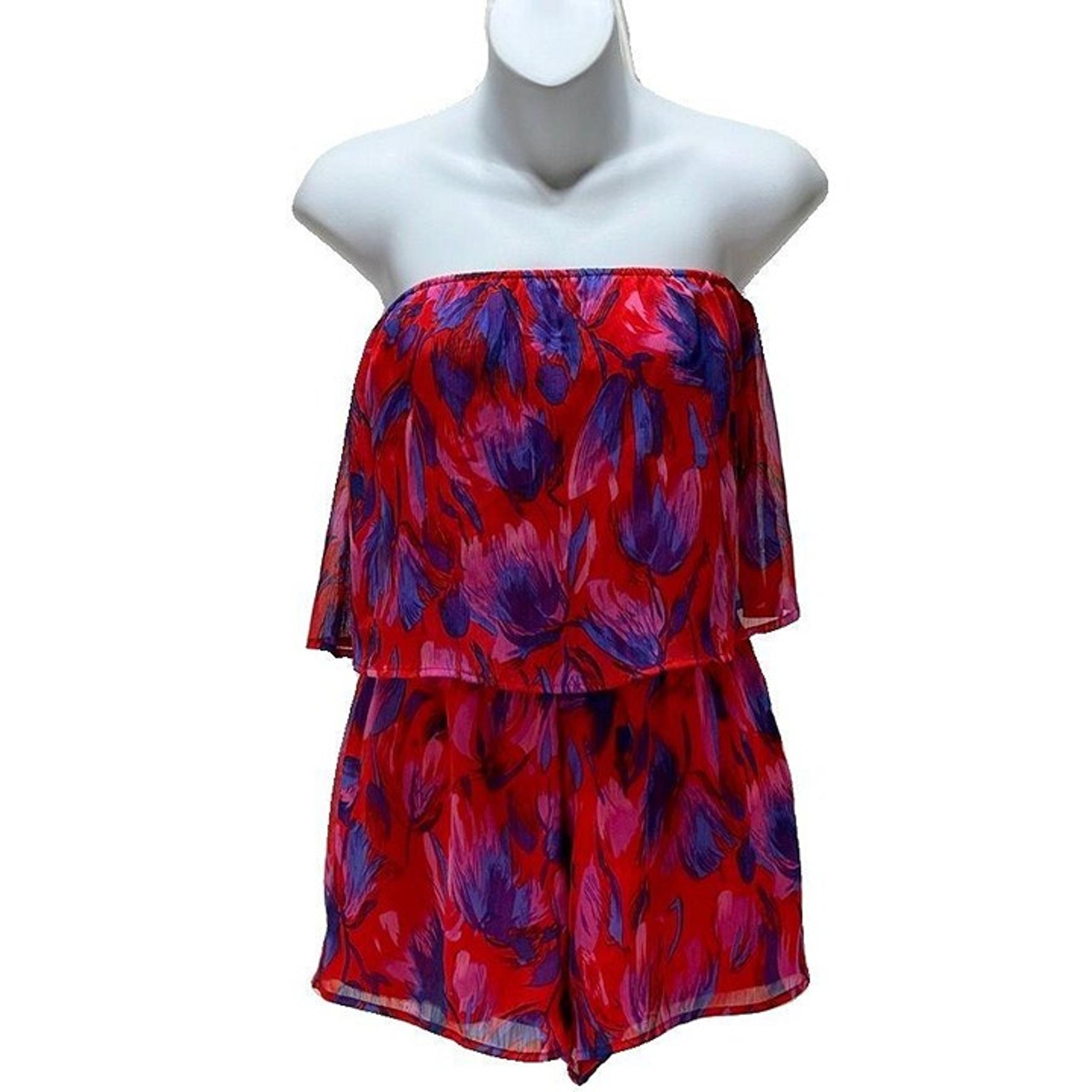 Strapless Floral Red & Purple Romper By Honey Punch Small Polyester & Rayon Ligh