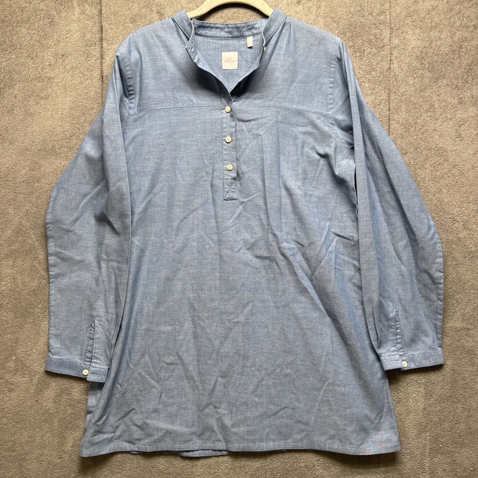 Ann Mashburn Designer Robin Shirt Large Blue Chambray Cotolino Light Linen Top