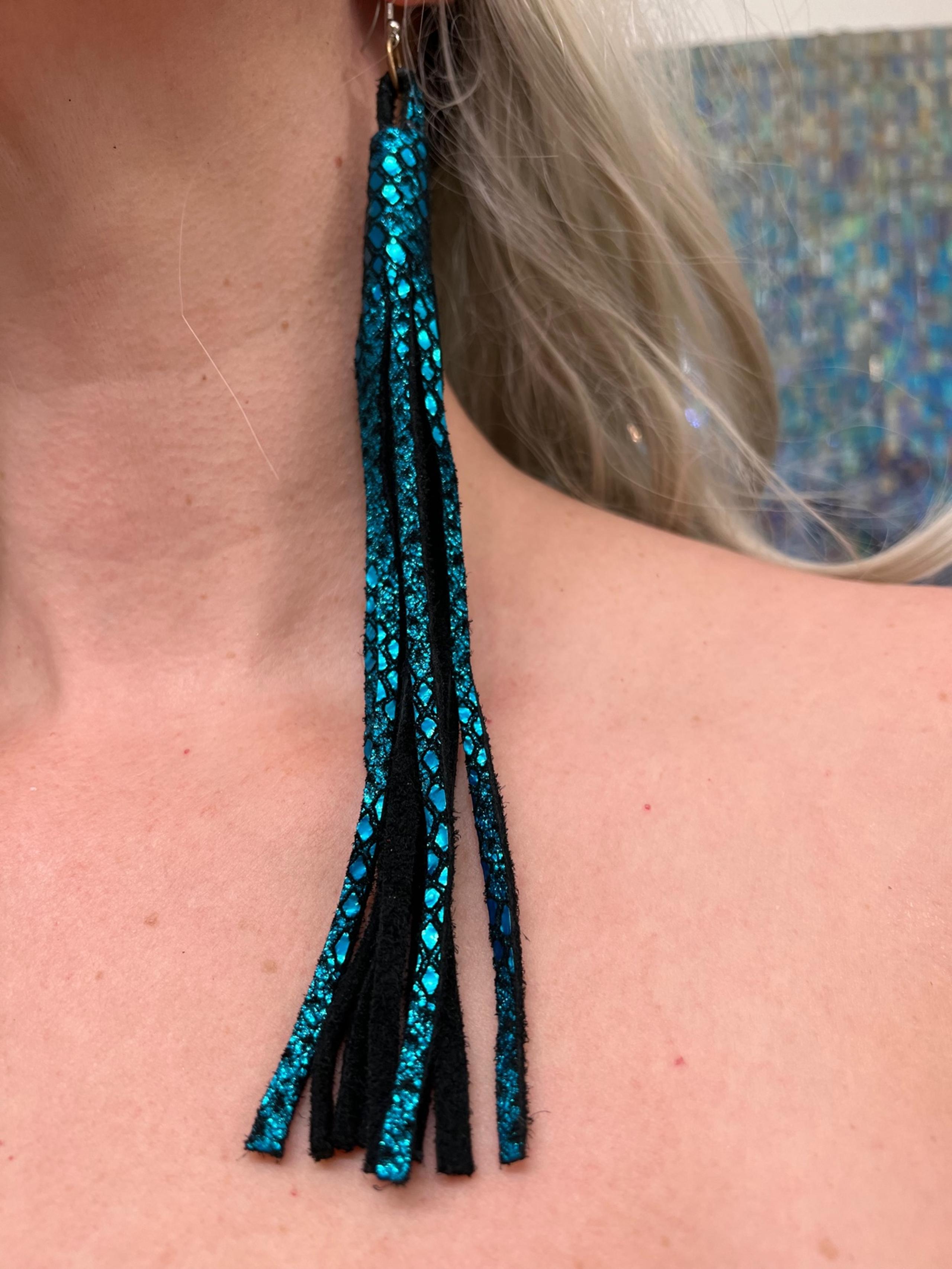 Teal fringe earrings