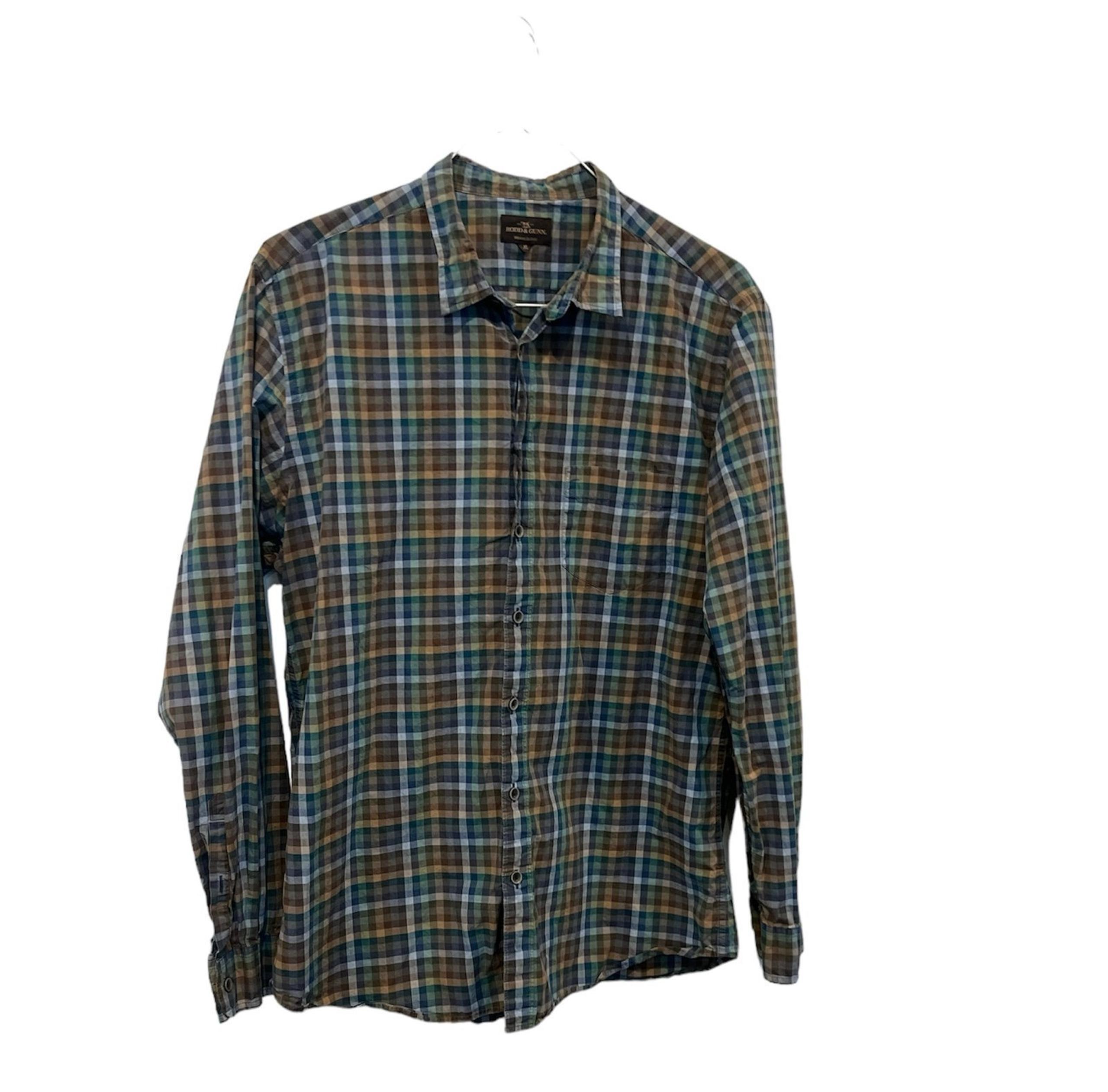 Rodd & Gunn Shirt Men's XL Brown Blue Check Cotton Button Up Woven in Italy EUC