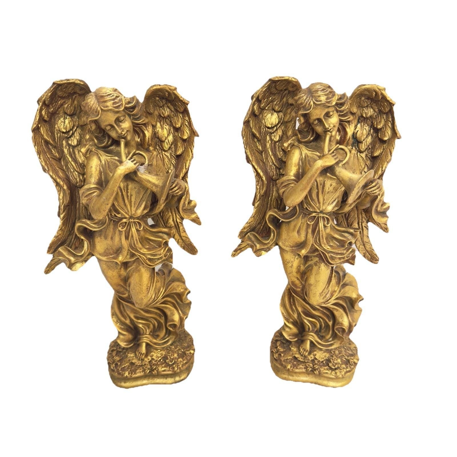 Vintage Christmas 13&quot; Gold Angel w/Horn Resin candle holder set Of 2