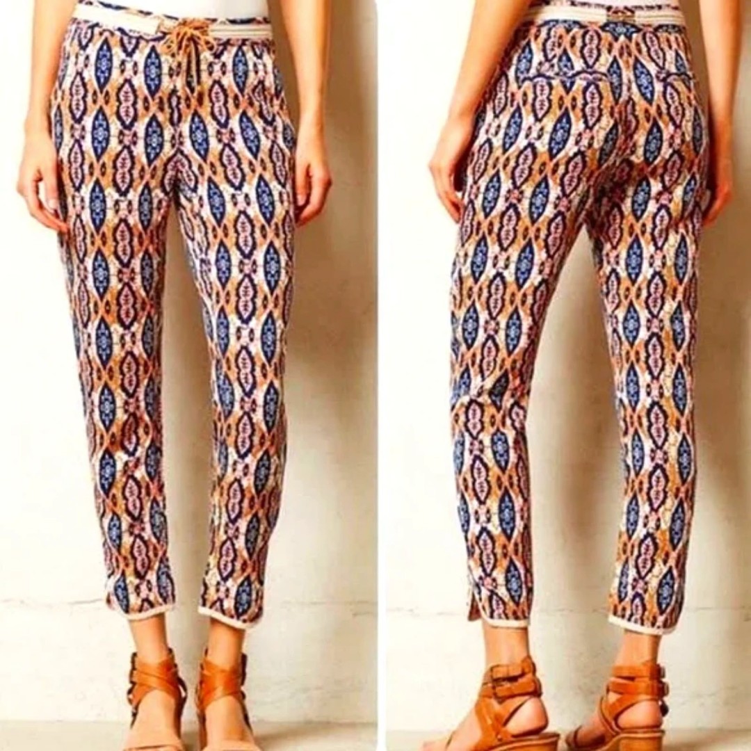 ANTHROPOLOGIE Pilcro Blue Pink Paz Ikat Waist Tie Ankle Slim Leg Pants Size 31