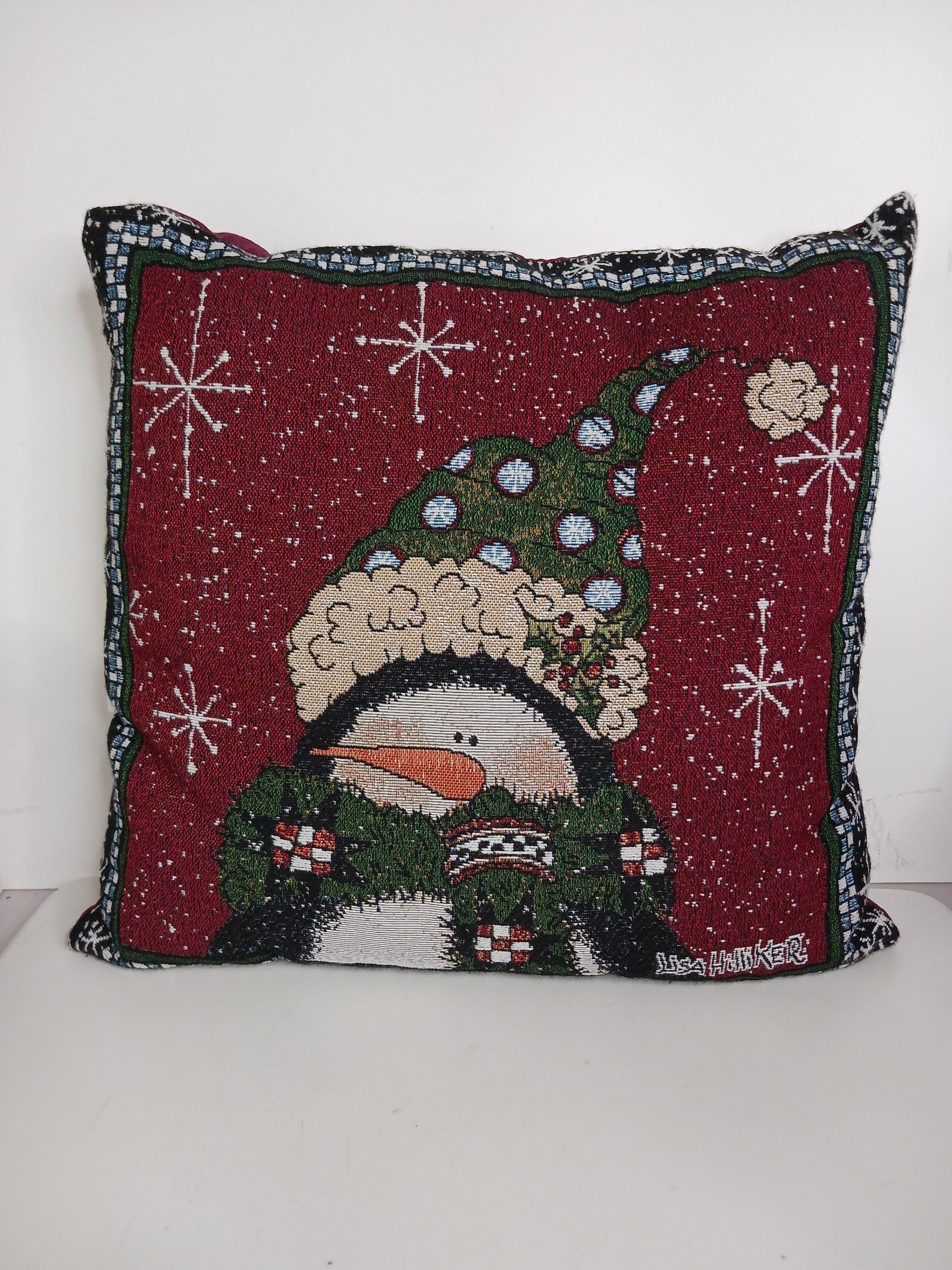 Lisa Hilliker Snowman Pillow Red Green Tapestry Mowhawk USA Snowman Snow collect