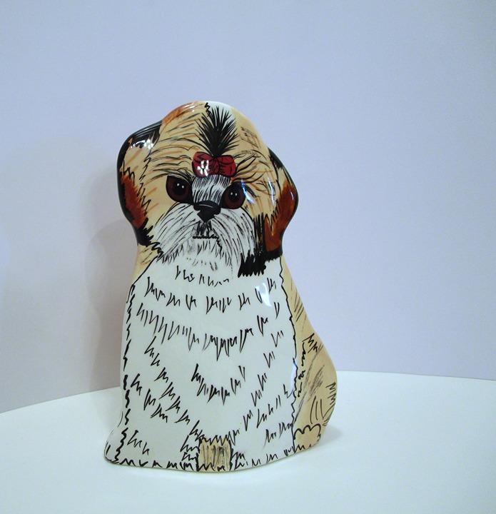 Nina Lyman Dogs by Nina Signed Shia Tzu Ceramic Vase, Shia Tzu Sculpture Dogs