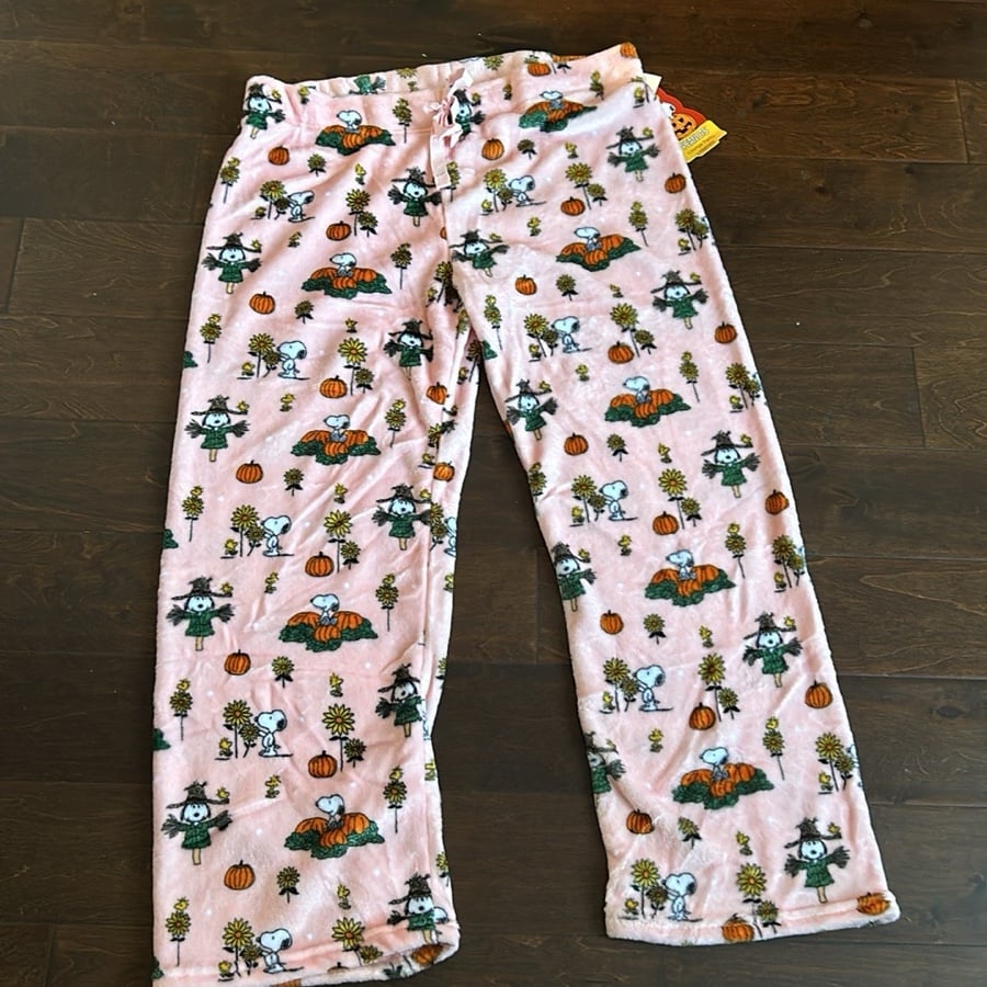 Peanuts womens Halloween Snoopy Mummy Pumpkin Print Plush Pajama Pants New Sz XL