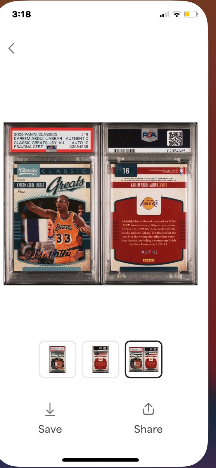 2009 CLASSICS GAME WORN PATCH KAREEM ABDUL JABBAR SIGNATURE /25 PSA AUTO 10