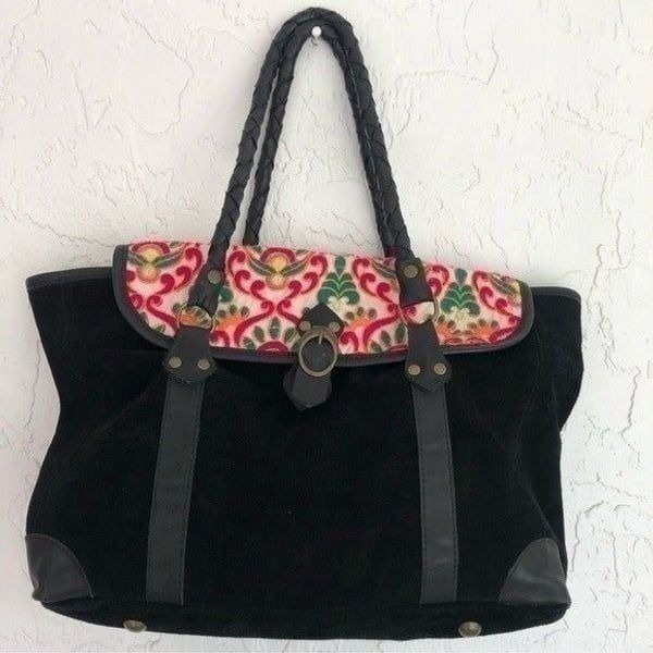 Boho Leather Suede Embroidered Shoulder Bag Zip Pocket Dual Top Handle Large