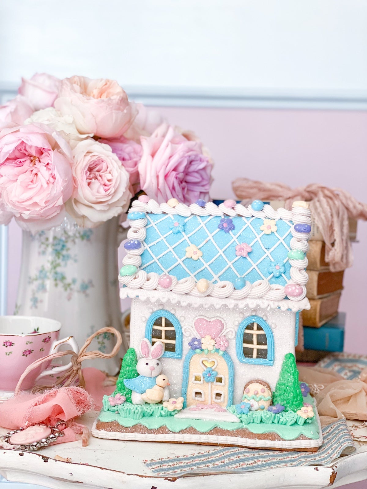 White LED light up Easter gingerbread house with Pastel Blue Roof