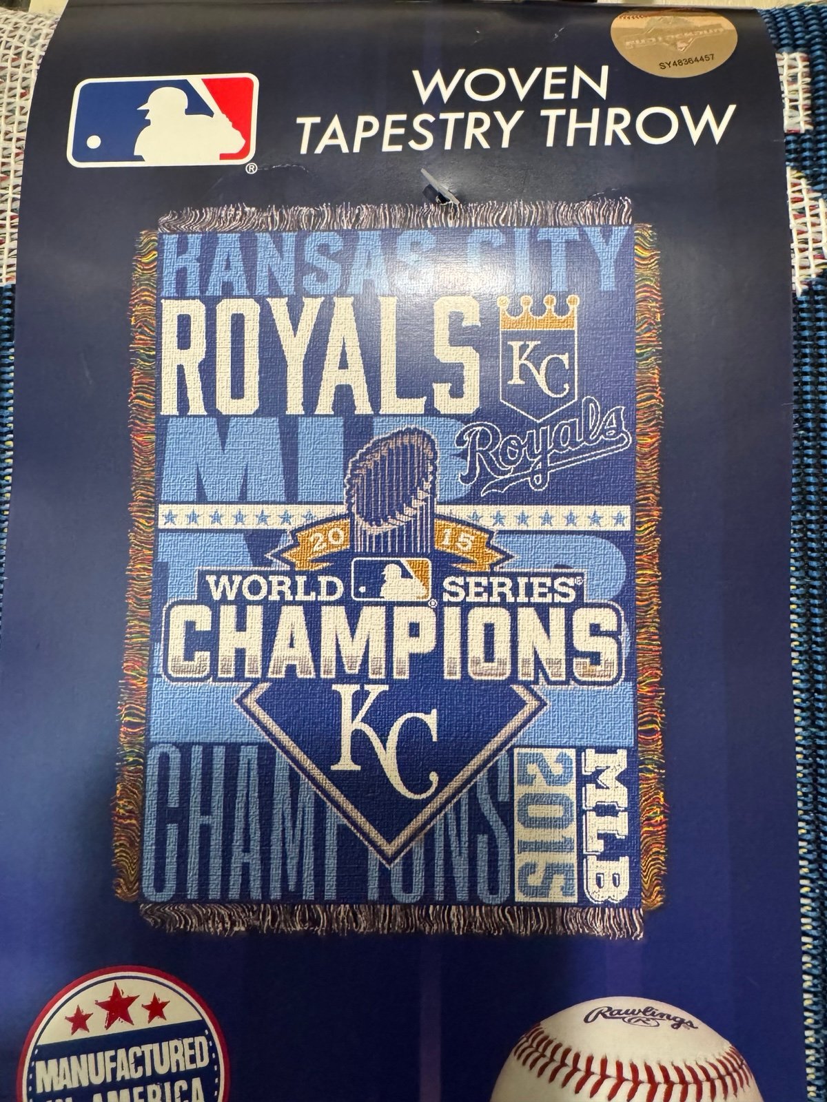 Woven tapestry throw celebrating the Kansas City Royals' 2015 World Series