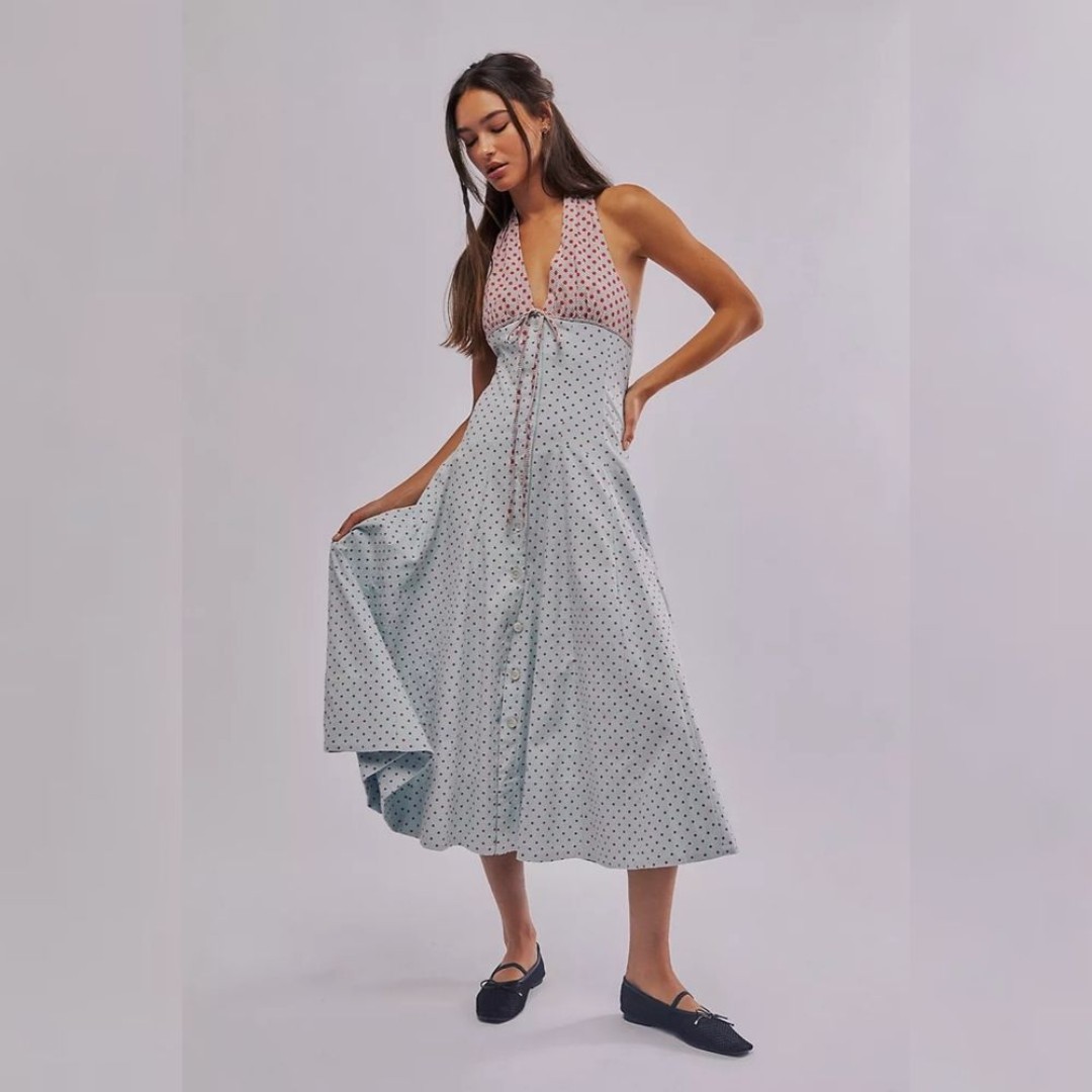Free People Stelladonna Midi Dress Powder Blue Combo Red Polka Dot Women's XL