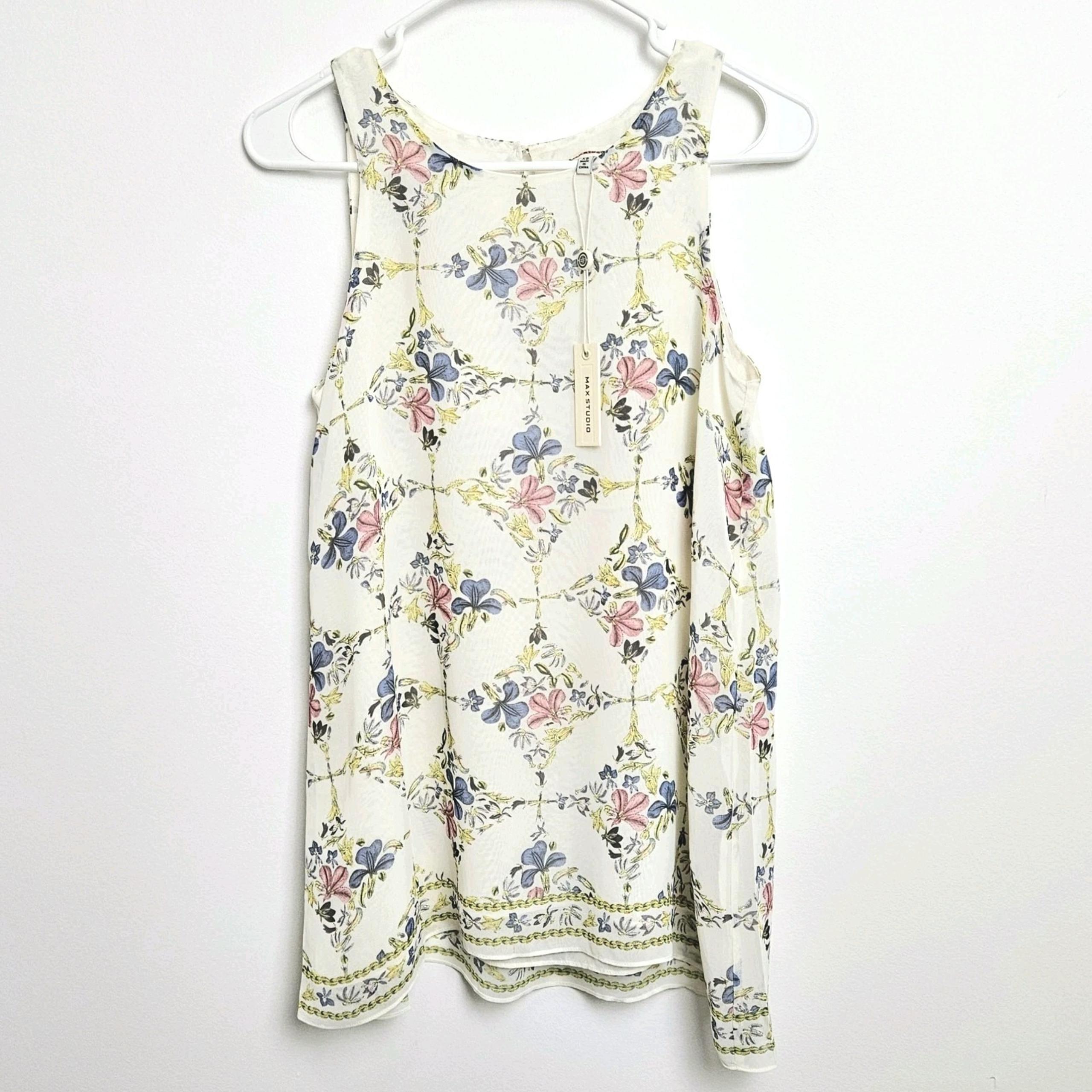 Max Studio Sleeveless Blouse Sz XS Tunic Top Sheer Lined Vanilla Ice Wild Flower