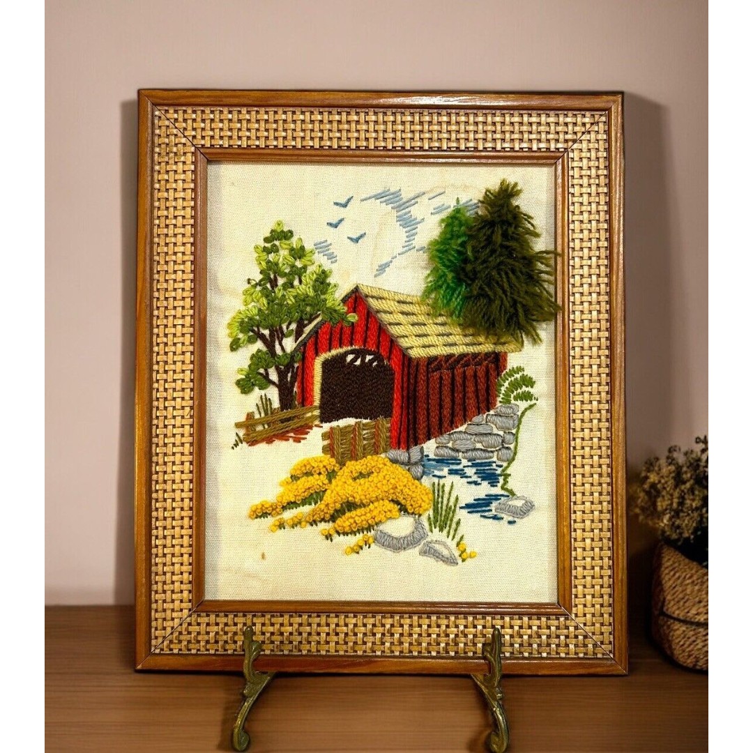 Vtg Stoney Creek Covered Bridge Completed Crewel Framed Fabric Wall Art 1978 MCM