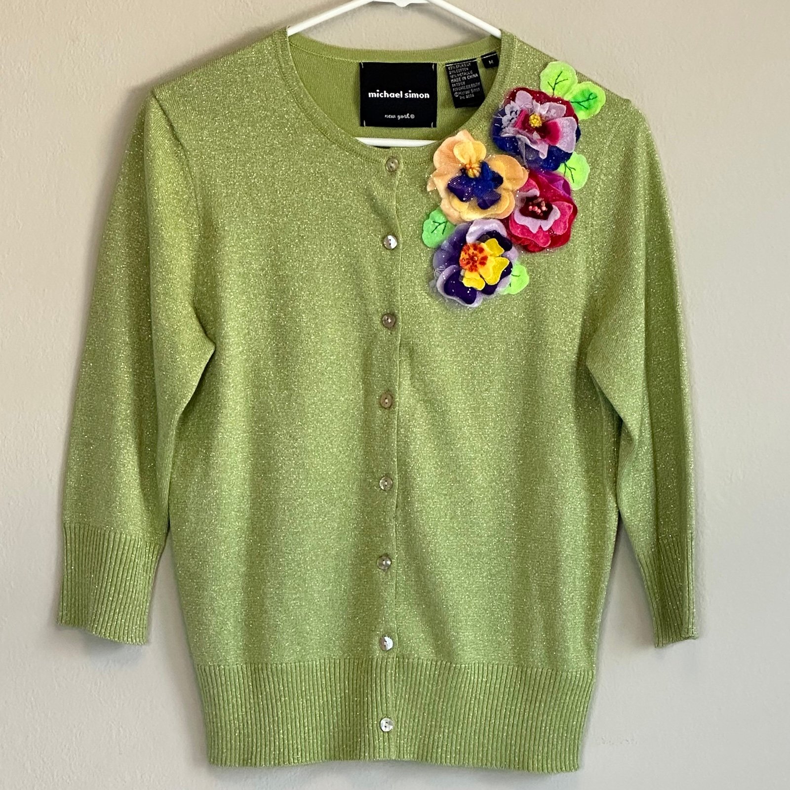 VTG Michael Simon Green Silk Cotton Metallic Cardigan Floral Appliqué Medium