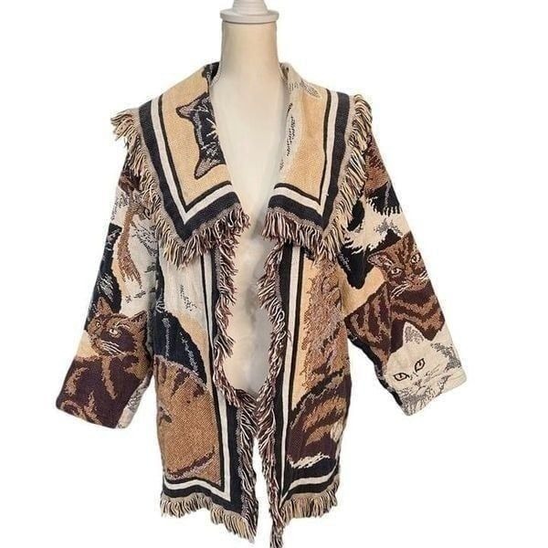 Creative Explosions Cat-Themed Woven Cotton Tapestry Cardigan Jacket With Fringe