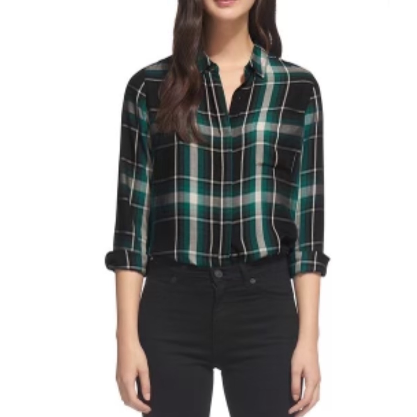 NWOT WHISTLES Shirt 6/S Plaid Button Long Sleeve Pocket Curve Hem Green Viscose