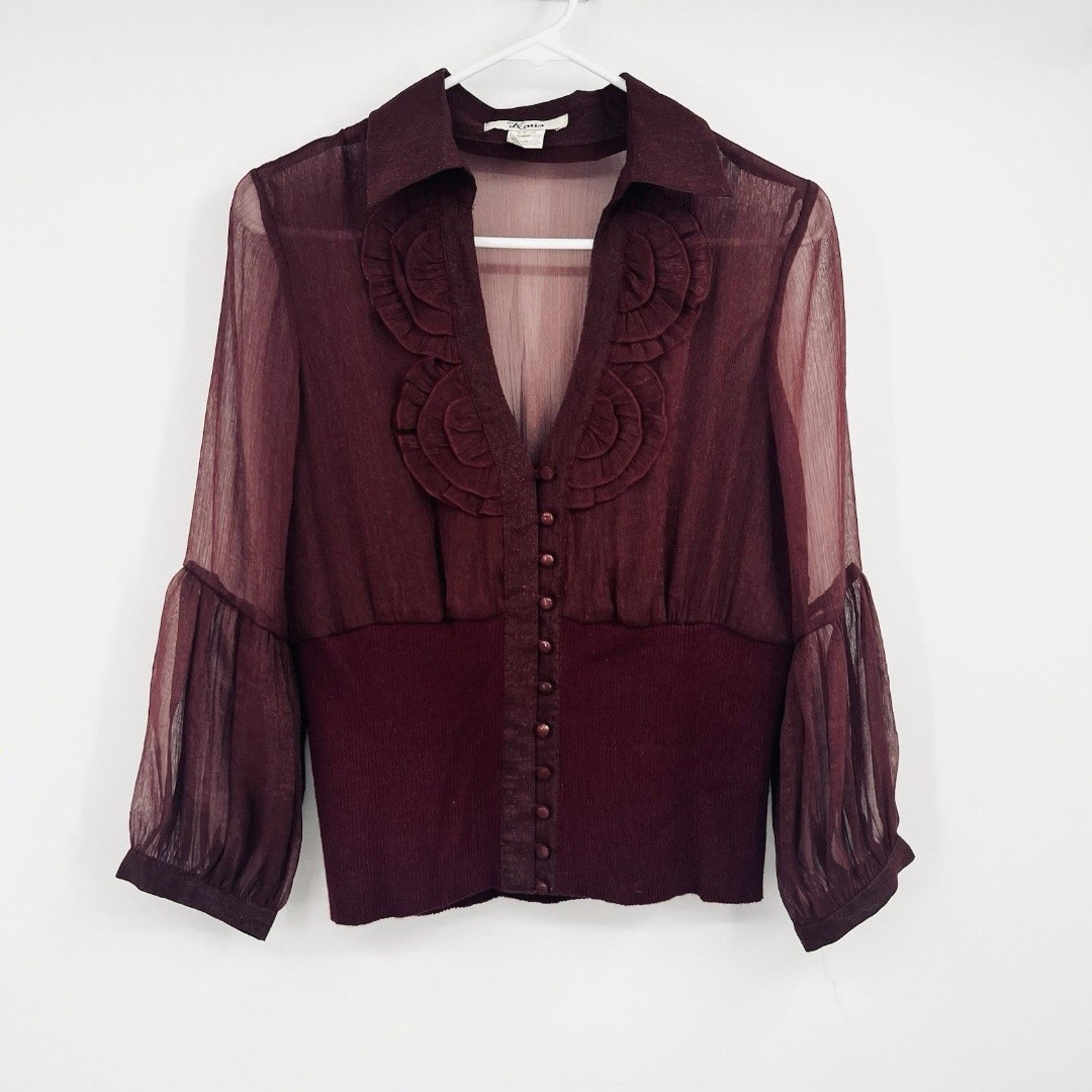 Katia Womens L Wool Sheer Maroon Button Blouse Hippie Boho Festival Peasant