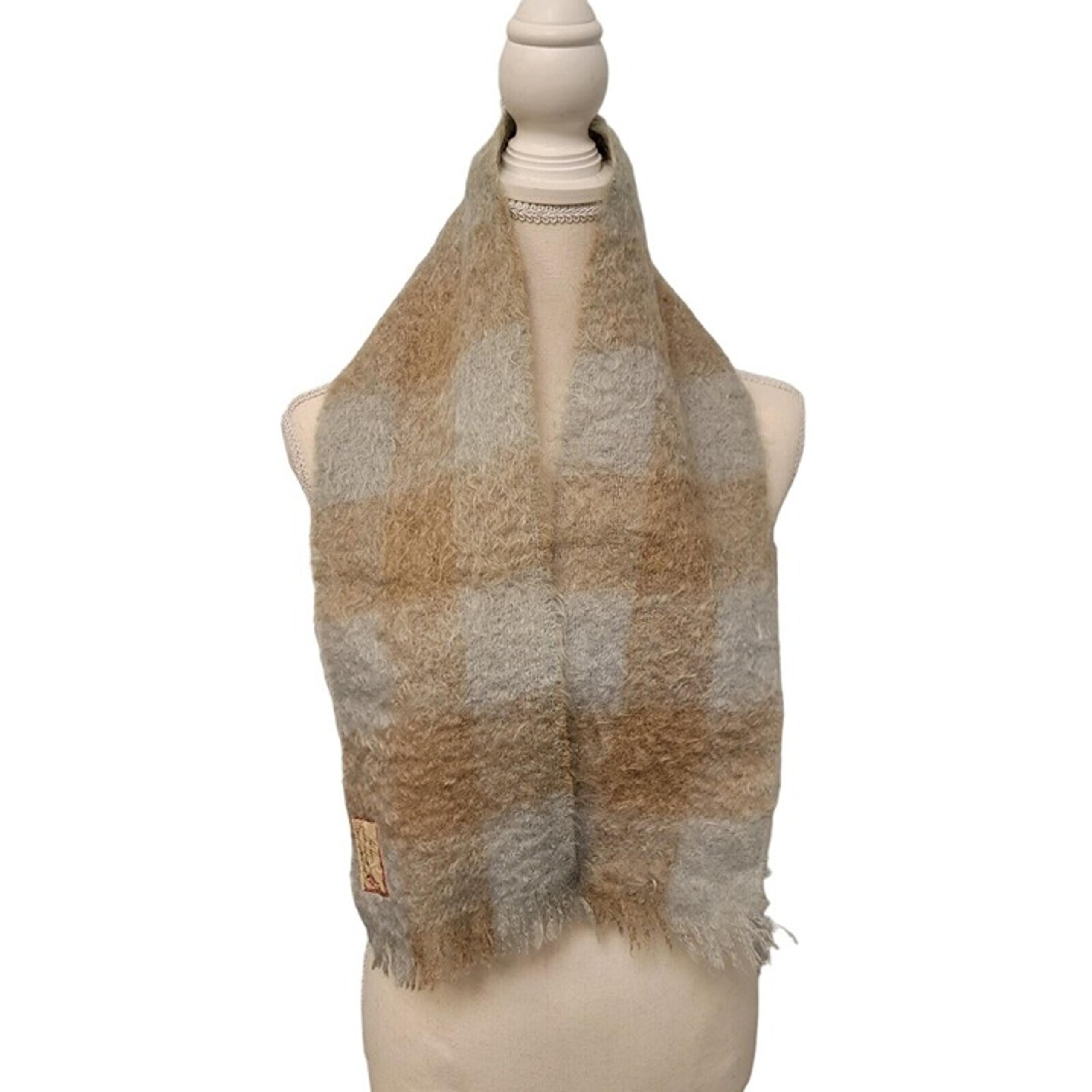 Vintage Mohair Wool Scarf Andrew Stewart Scotland Plaid Pale Blue Tan 7" x 43"