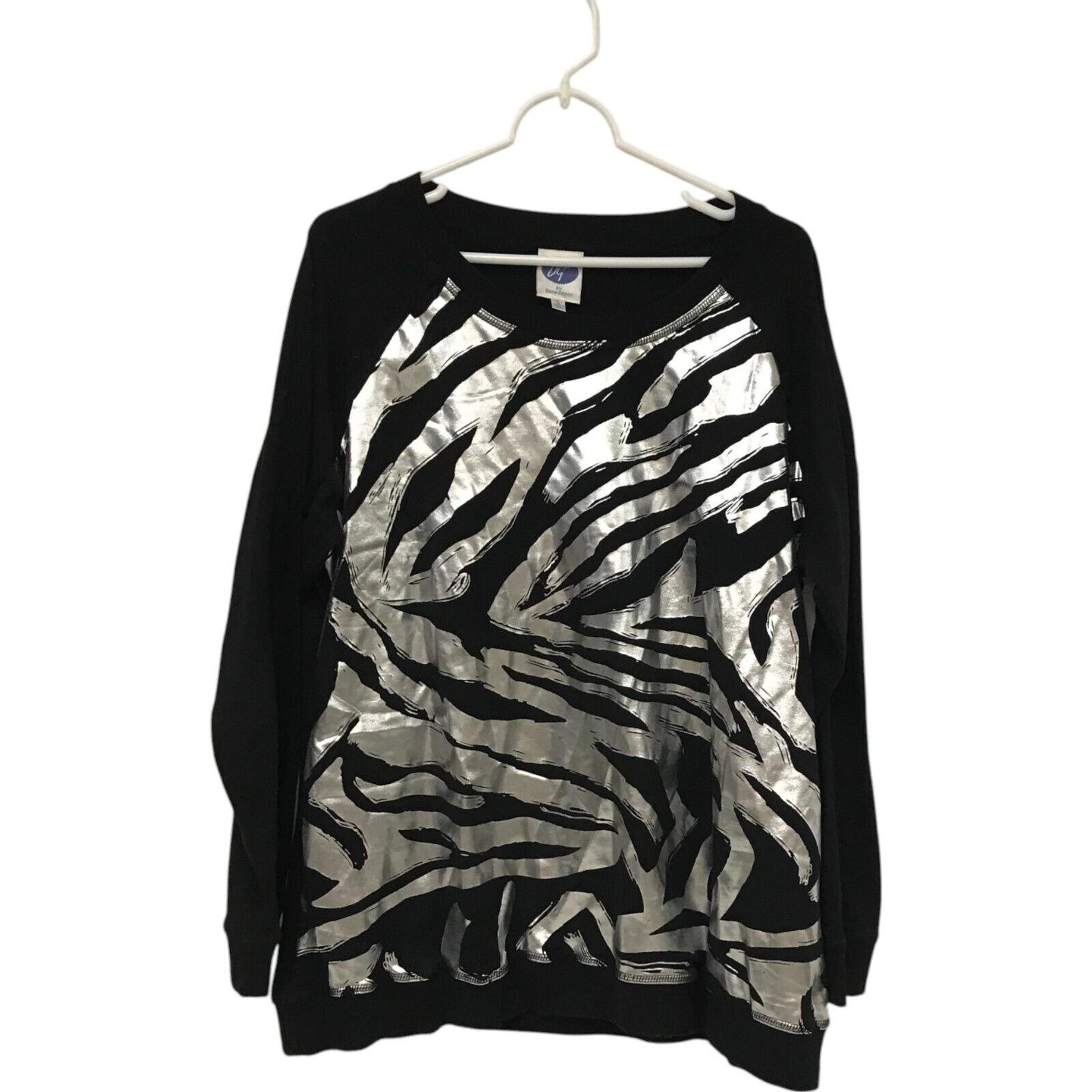 Diane Gilman Silver Black Metallic Sweater Pullover Womens Size L Long Sleeve