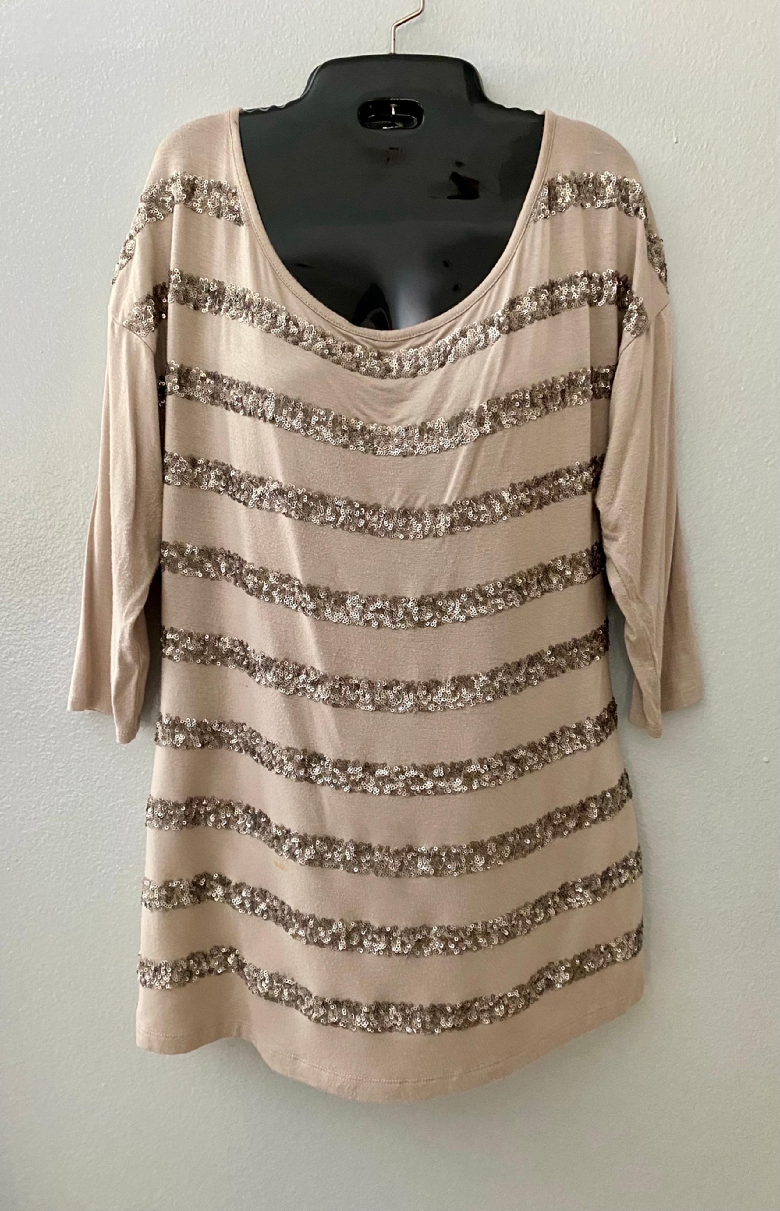 CACHE Beige/ Tan Sequin Top, Shirt, Blouse Sz Med