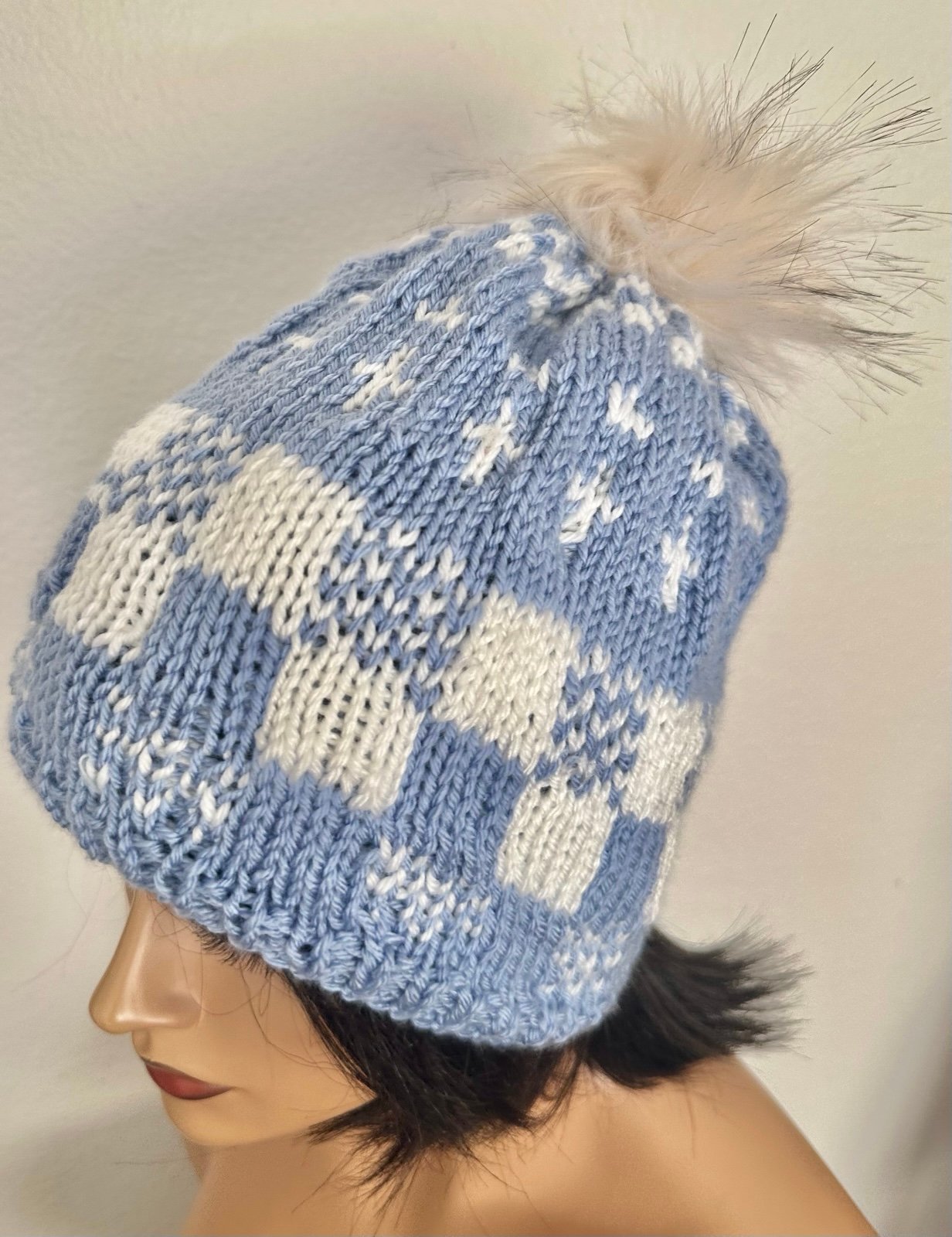 Hand Knits 2 Love Beanie Hat Slouch Plaid Fair-isle Faux Fur Pom Pom Designer