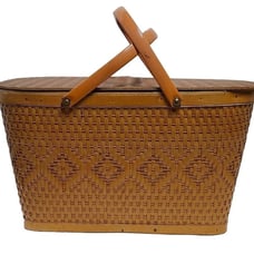 VTG 1950's RED-MAN Picnic Woven Wicker Basket w/Hinged Lid - Made in USA