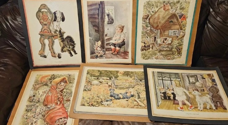 6 vintage lithographs, T Rotankovsky, Nursery Rhymes, 1945, Simon and Schuster,
