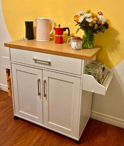Kitchen Island with Towel Rack & Drawer, White with Beech Color Top