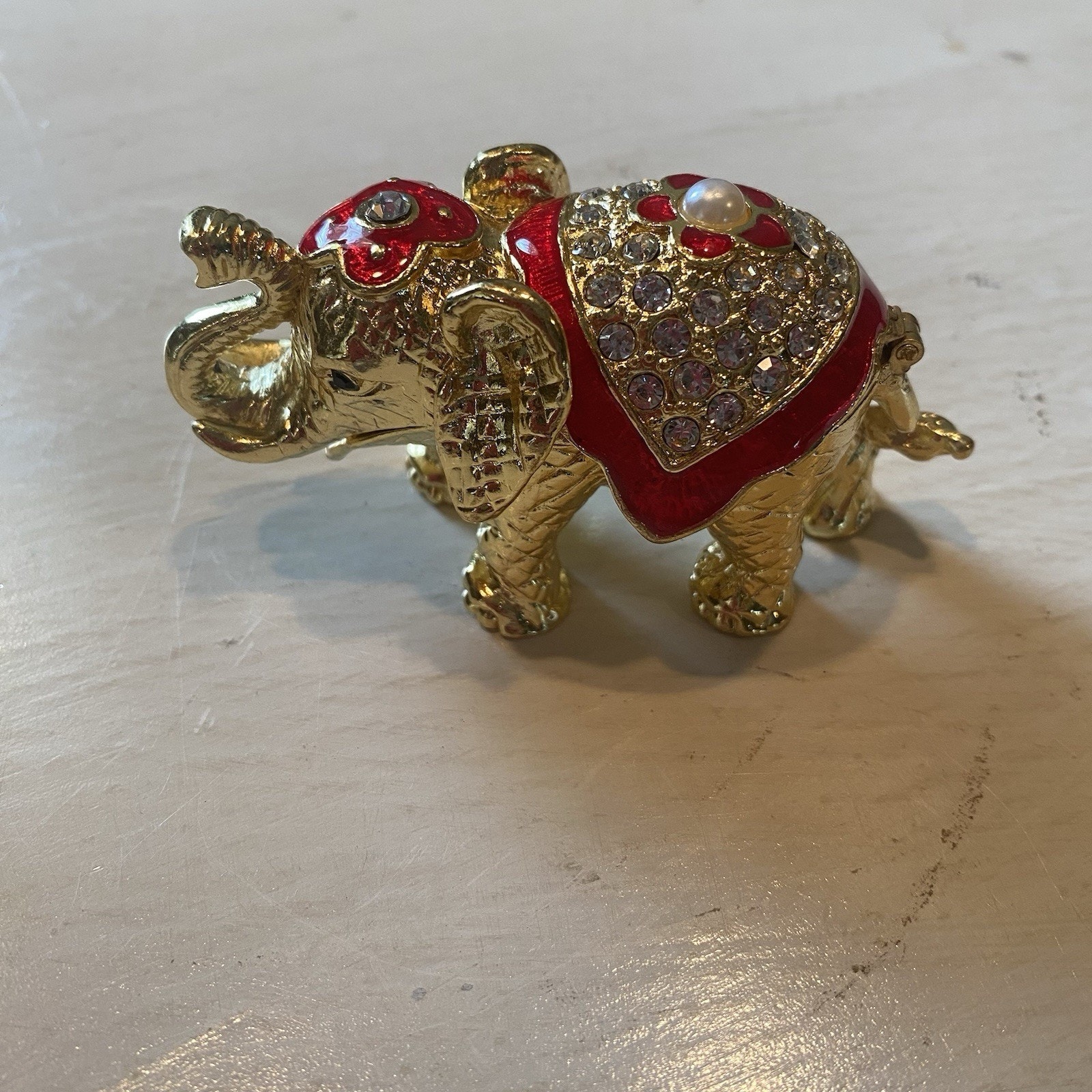 Gold Metal With Red Jeweled Elephant Trinket Box