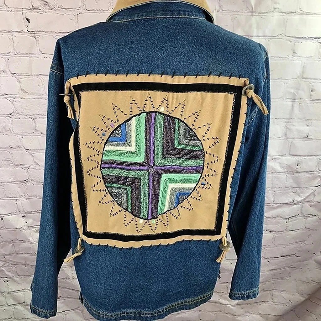 vintage denim jacket with beaded southwest design on back size ladies small