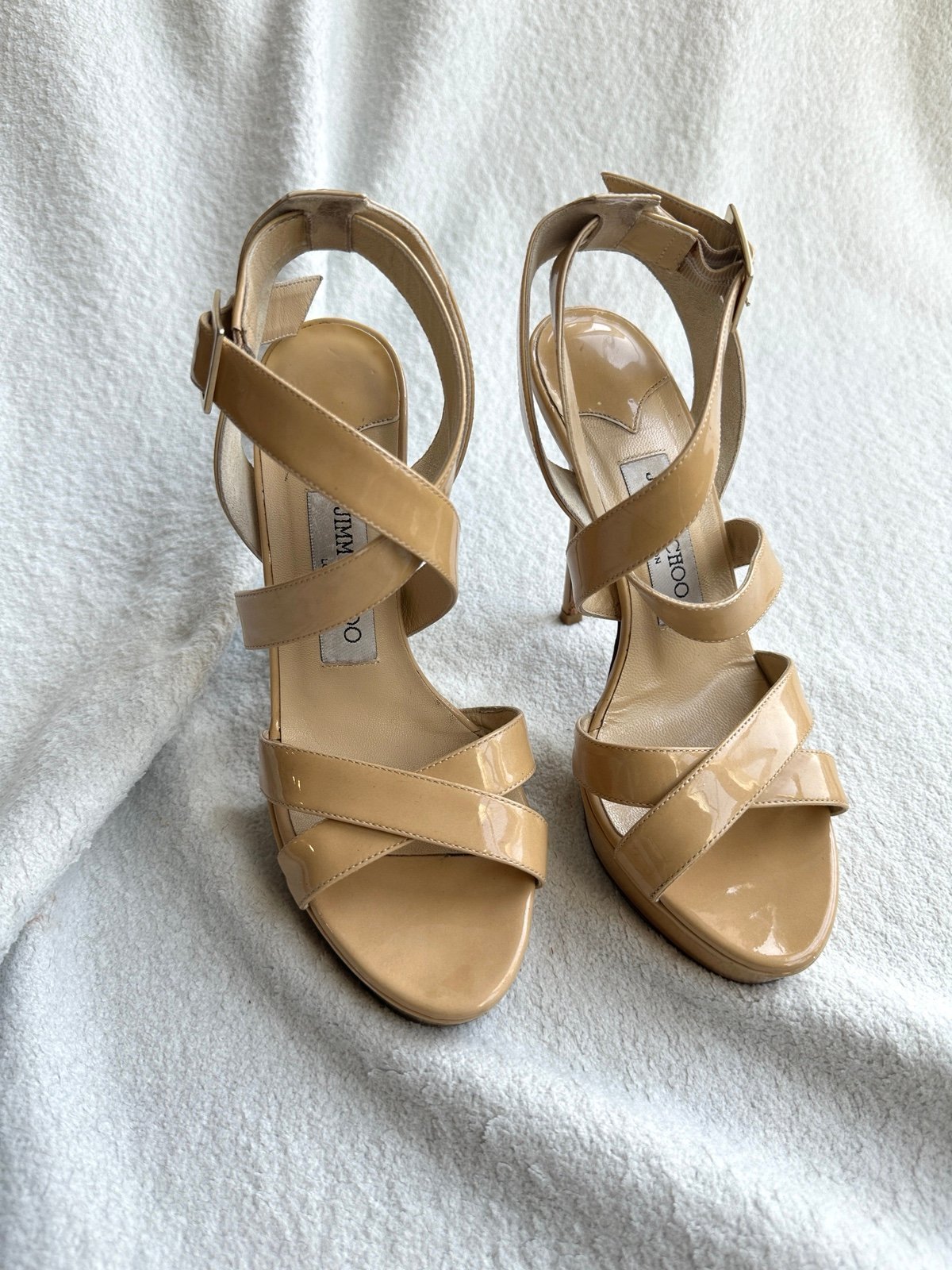 Jimmy Choo nude beigeLeather Pump Stiletto Heel Ankle Strap 37 Italy