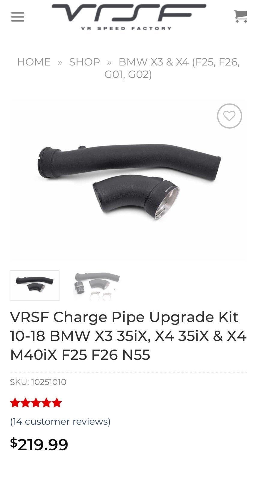VRSF Charge Pipe upgrade kit for 2010-2018 BMW X3,X4 35i and M40i