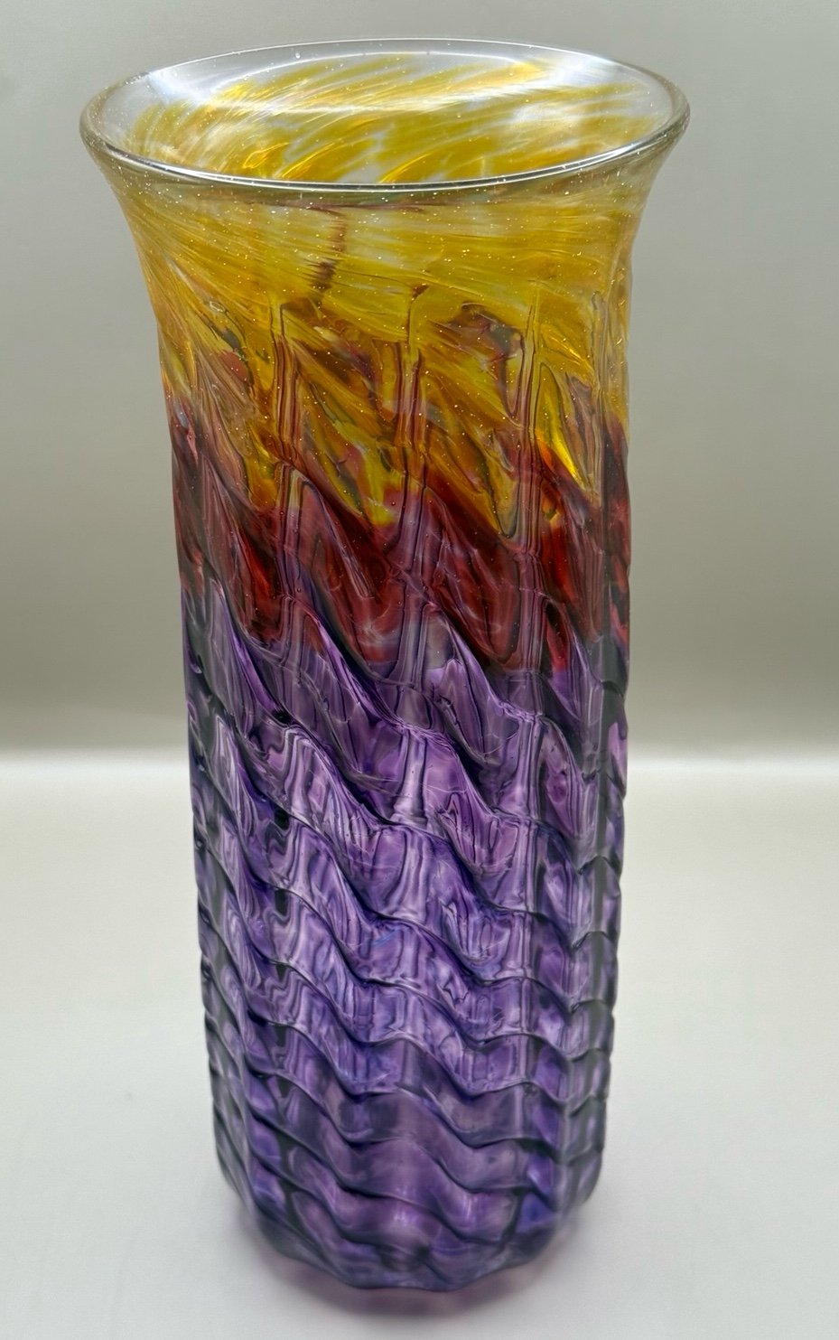 Jon Offutt Studio Art Glass Wave Rainbow Pattern Red Purple Yellow