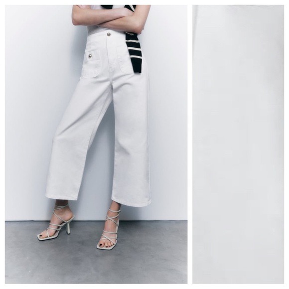 NWT. Zara White Z1975 High-Waist Wide-Leg Cropped Jeans. Size 6.