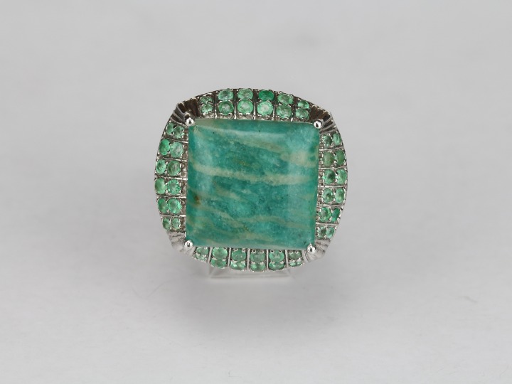 Amazonite and Emerald Ring 22.35 ct Kagem Zambian Emeralds Size 8