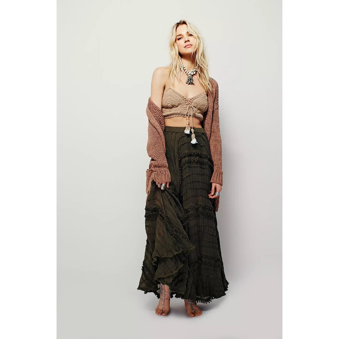 Free People One Pintuck Tassel Maxi Pleated Skirt Crochet Detail Green Sz S Boho