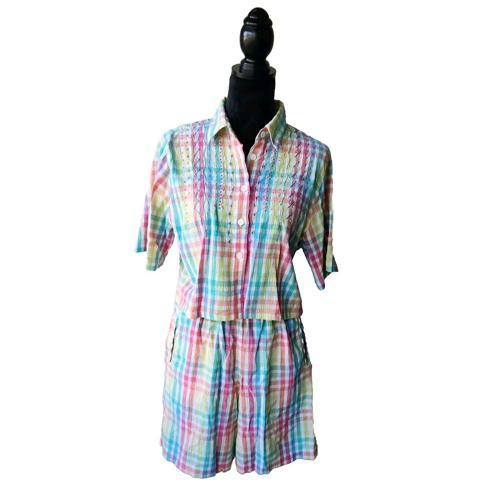 Koret Francisca Petites women 2 Piece Gingham Crop Top Blouse & Shorts M Madras