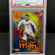 2023-24 JUDE BELLINGHAM TOPPS FINEST THE MAN ORANGE REFRACTOR /25 PSA 10