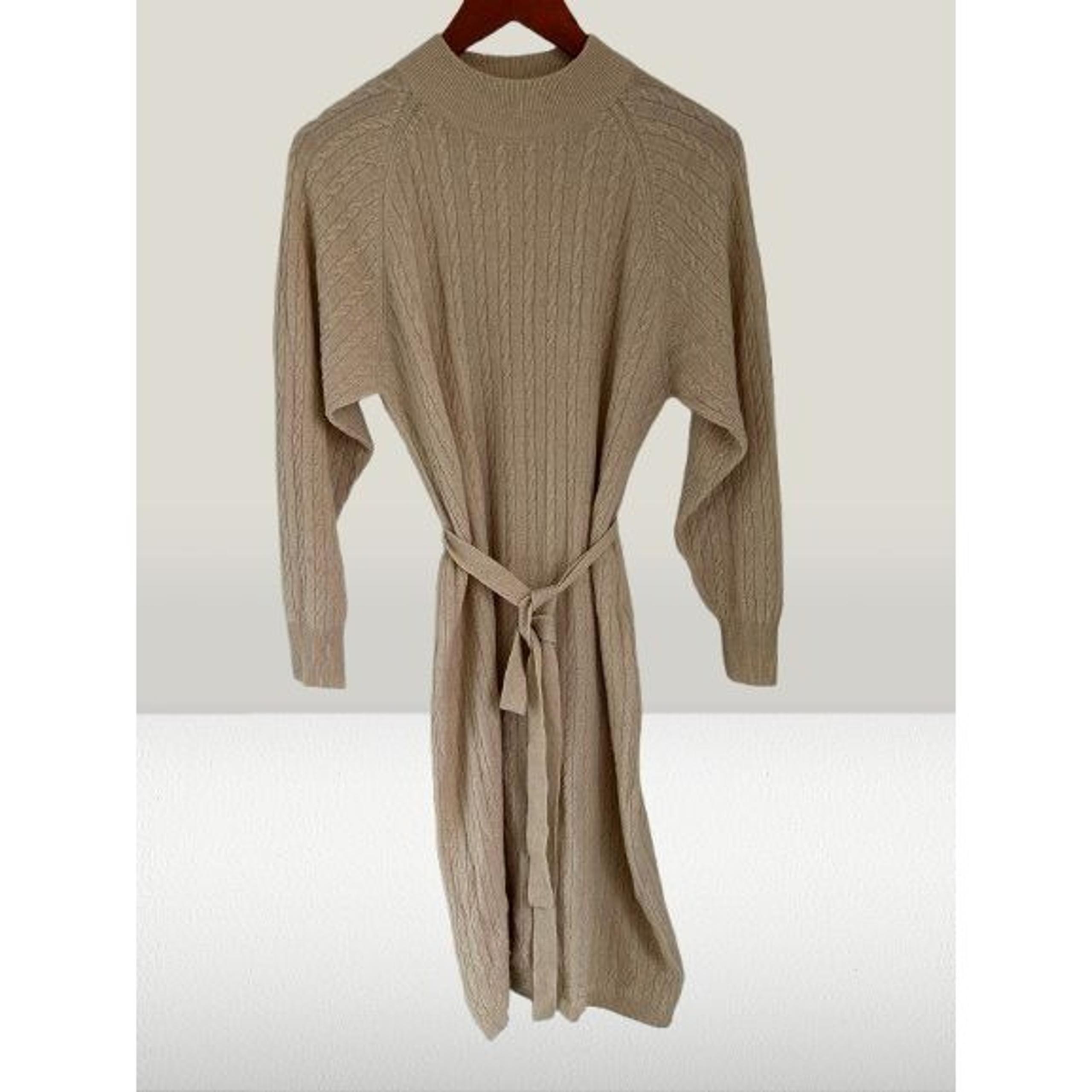 Orvis Womens Beige Cable Knit 100% Cashmere Belted Sweater Dress Size Small