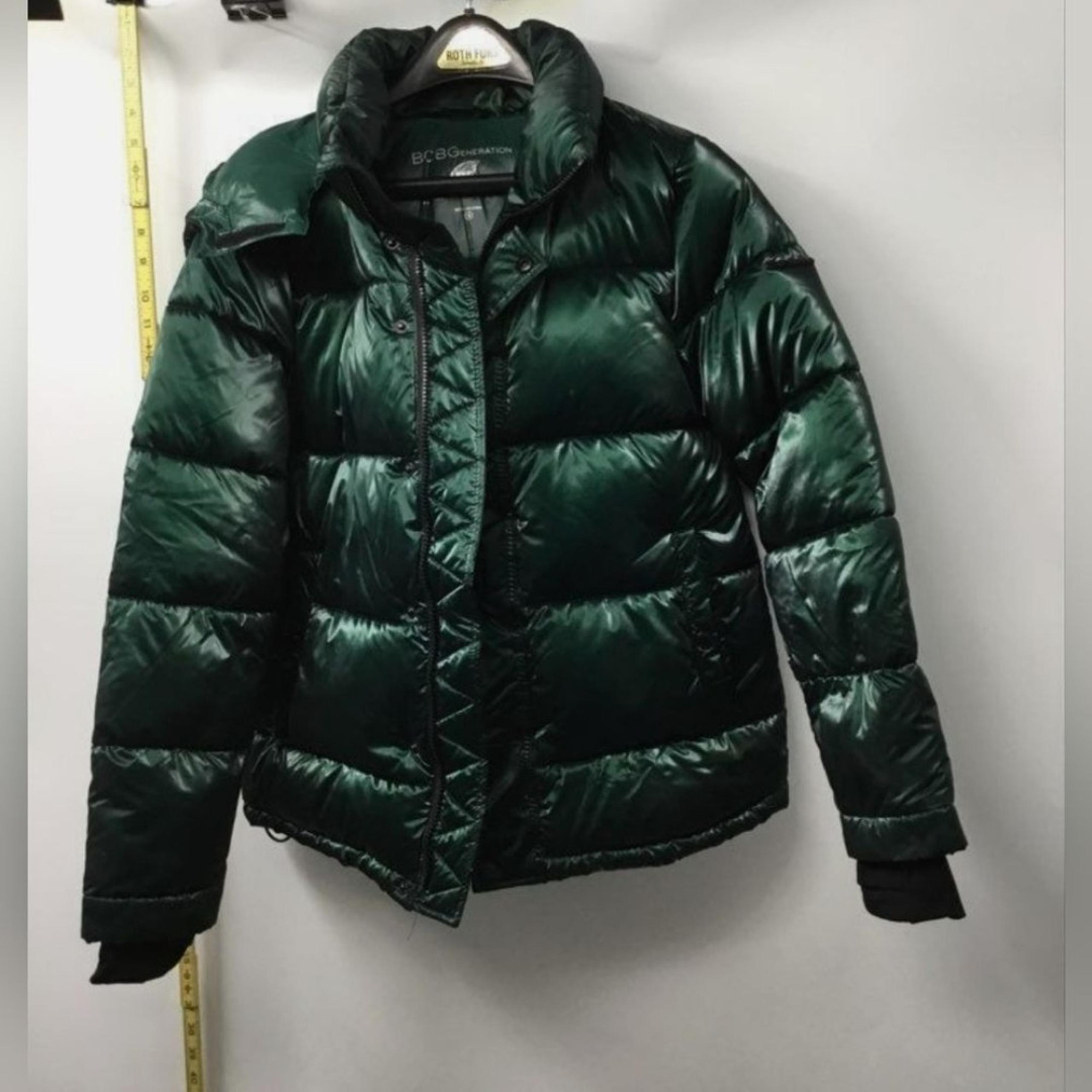 BCBGeneration Womens Green Shiny Hooded Full-Zip Puffer Coat Jacket Size S