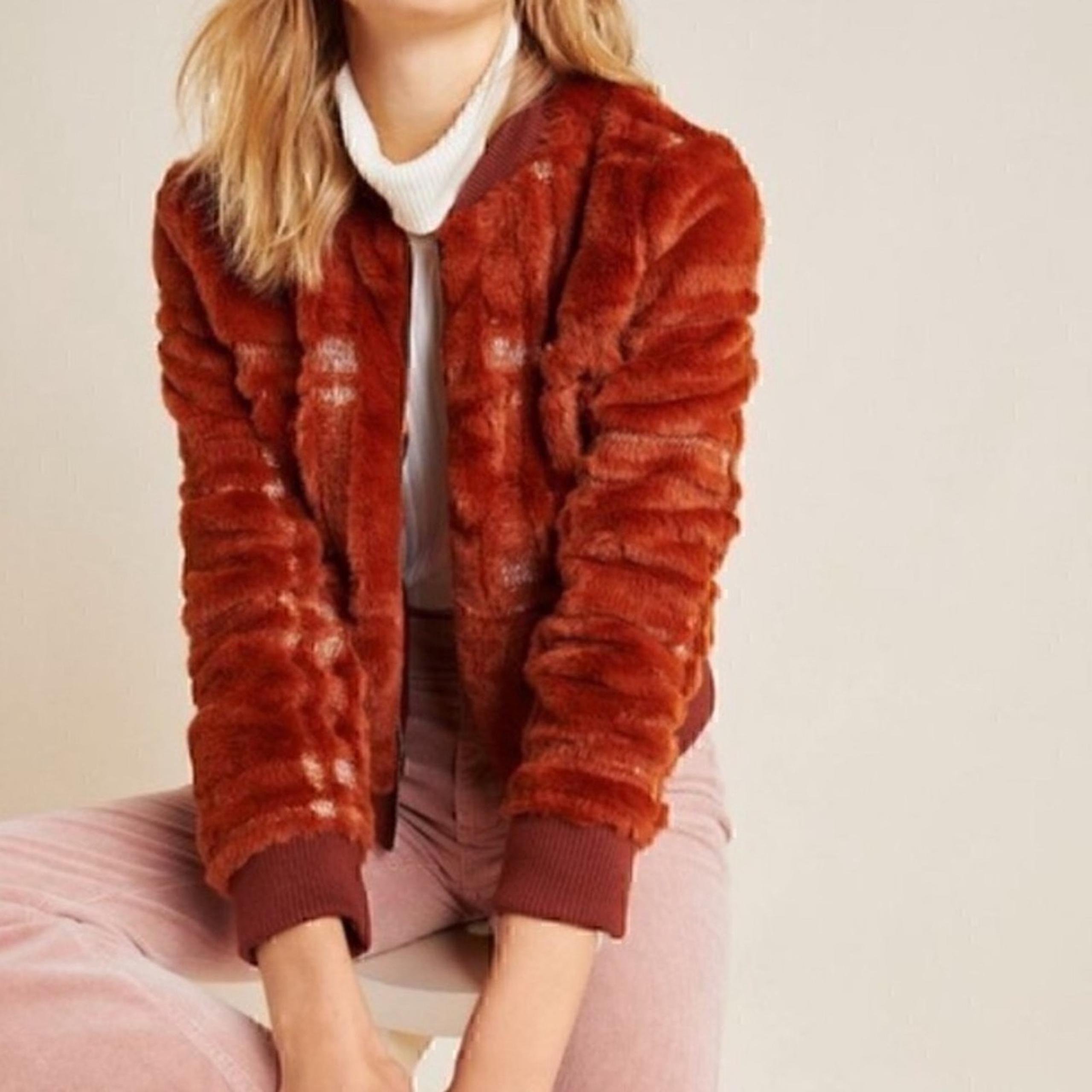 Anthropologie Plaid Teddy Bear Bomber Jacket Women’s Medium Rust Fall Short Coat