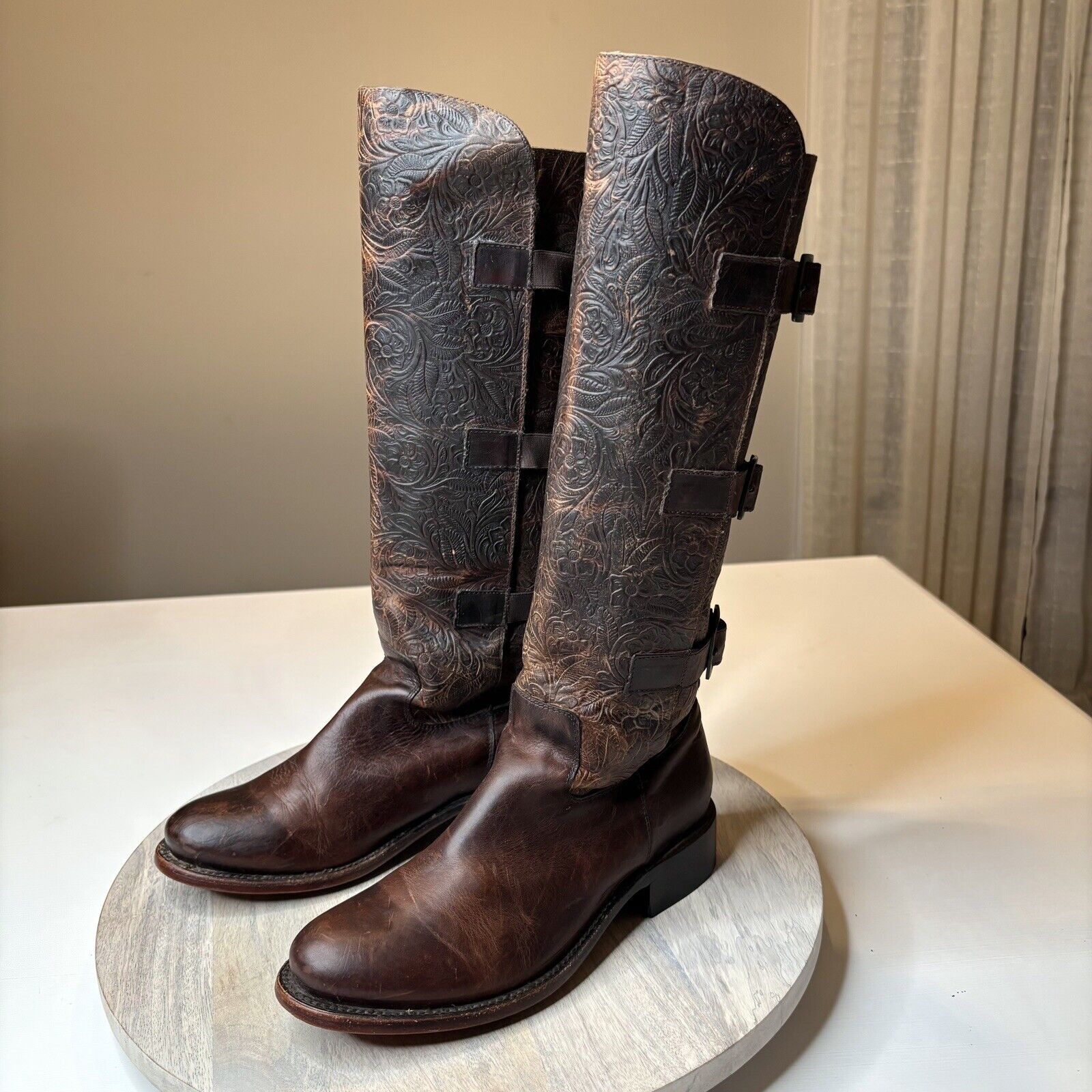 J. B. Dillon Women's Leather Mandi Brown Tooled Leather Knee-High Boots Size 8 B