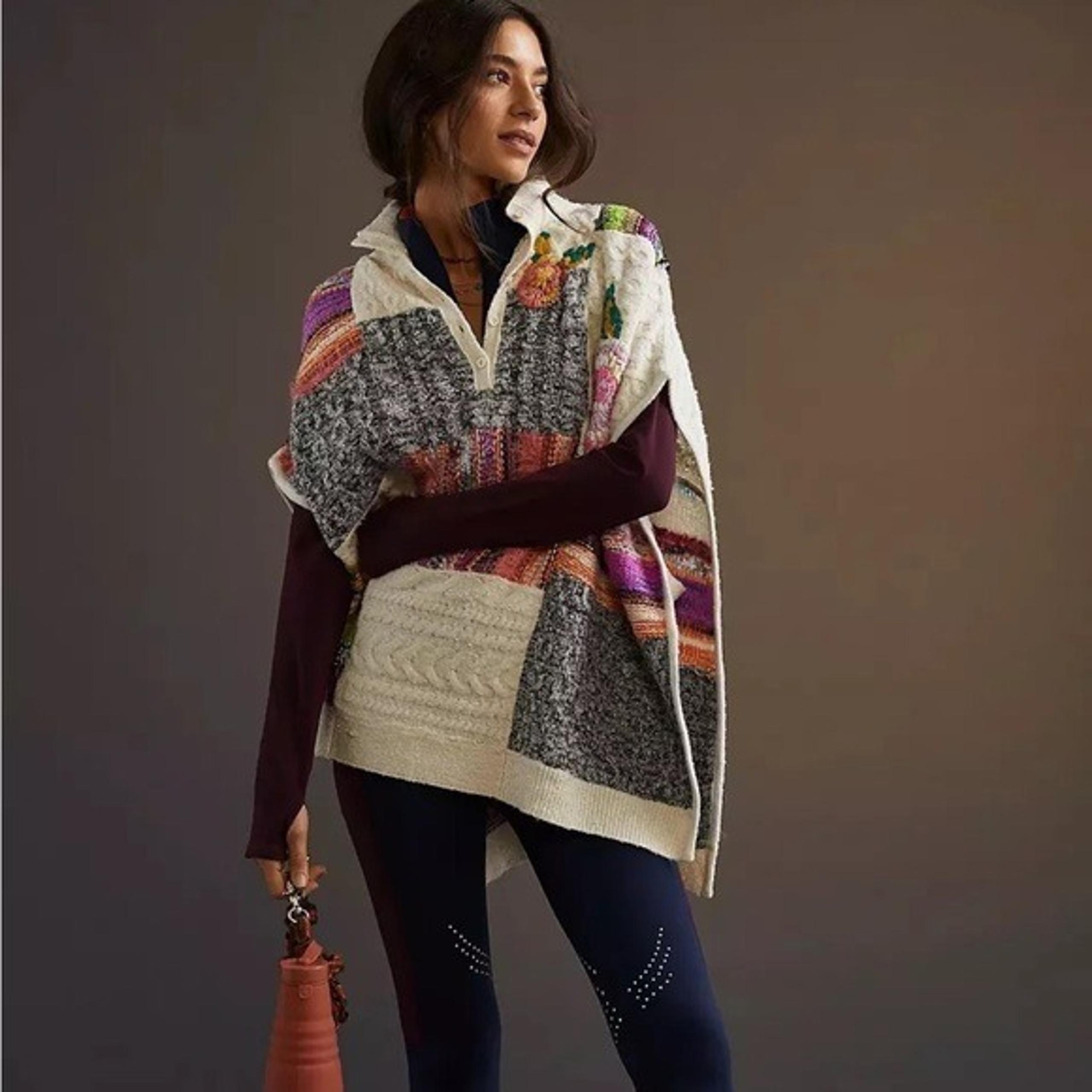 Anthropologie Patchwork Poncho Sweater Wool Cotton Cable Knit Boho One Size
