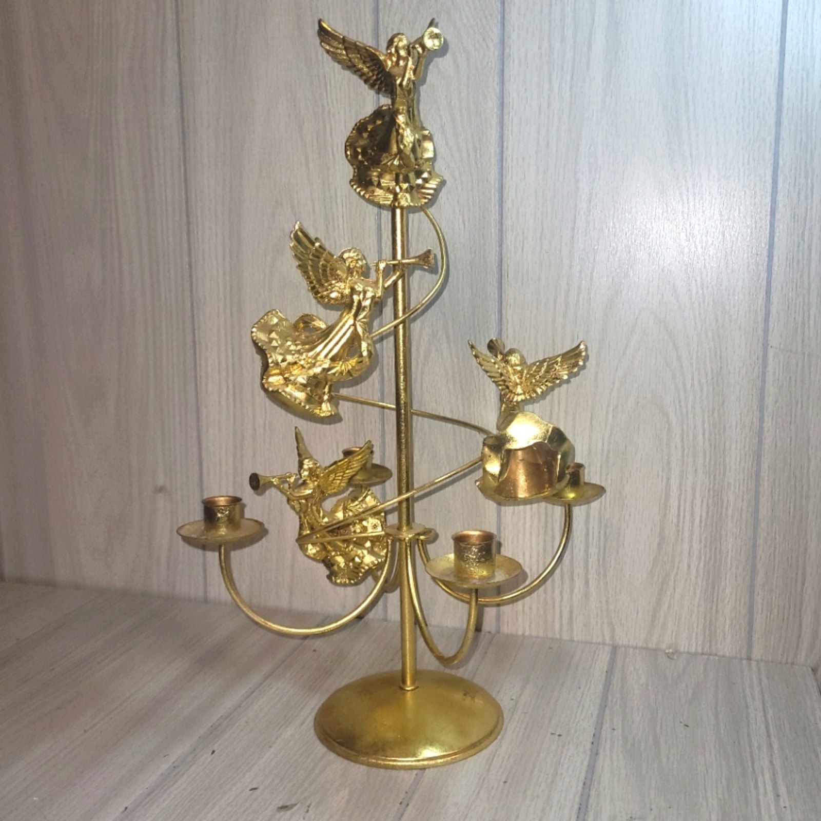 Vtg Ornate Gold Metal Angel Candelabra Candle Holder MCM Holiday Center Piece