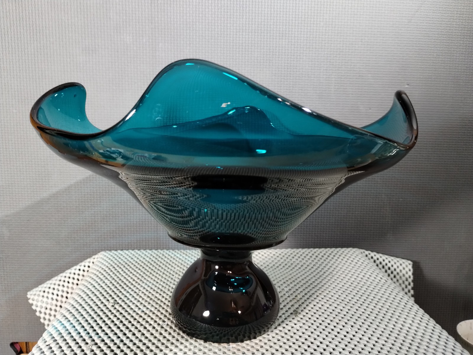 Vintage MCM Viking Epic Waves Bluenique GlassPedestal Compote Dish
