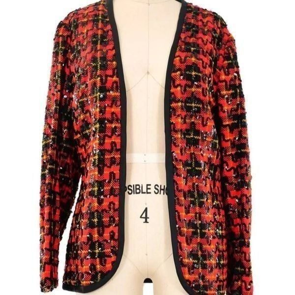 1960s Sequin Embellished Plaid Cardigan Blazer