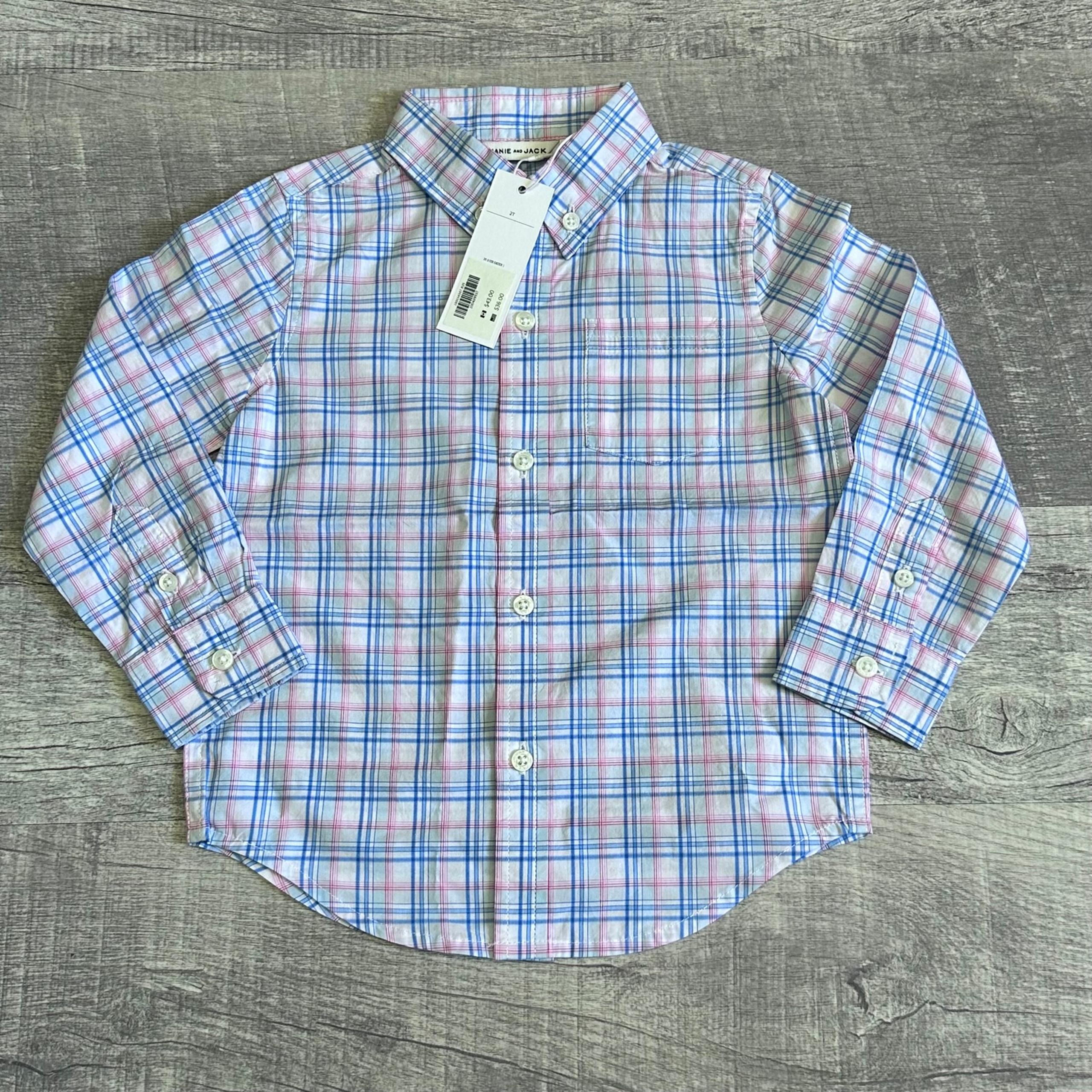 Janie and Jack Plaid Poplin Button Down Shirt Toddler Boys 2T Cotton Blue White