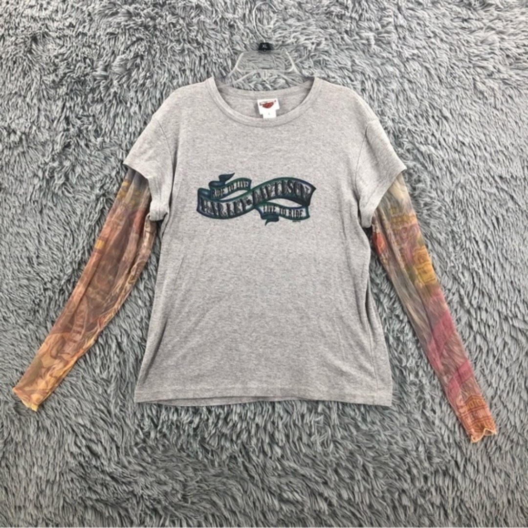 Harley Davidson Womens Large Spellout Gray See Thru Logo Sleeves