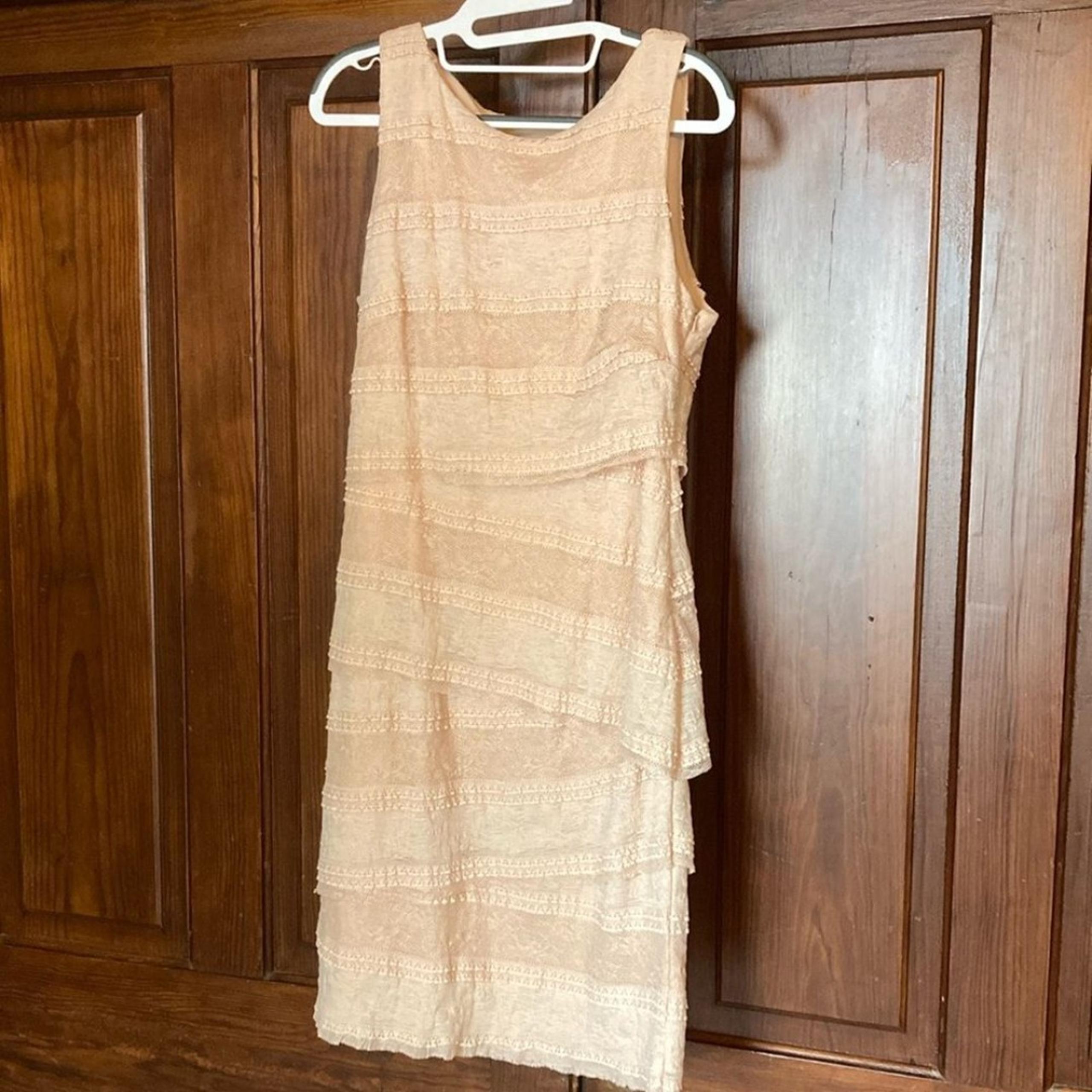Roz&Ali lace tiered sleeveless sheath nude knee length sheer lined dress size L