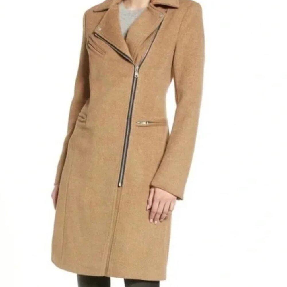AVEC Les Filles Tan Long Moto Wool Blend Full Zip Peacoat Size XS 350